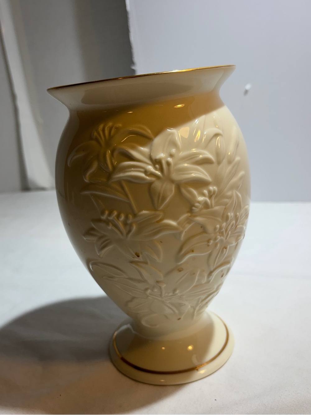 Lenox Cream Embossed Floral Porcelain Vase with Gold Trim